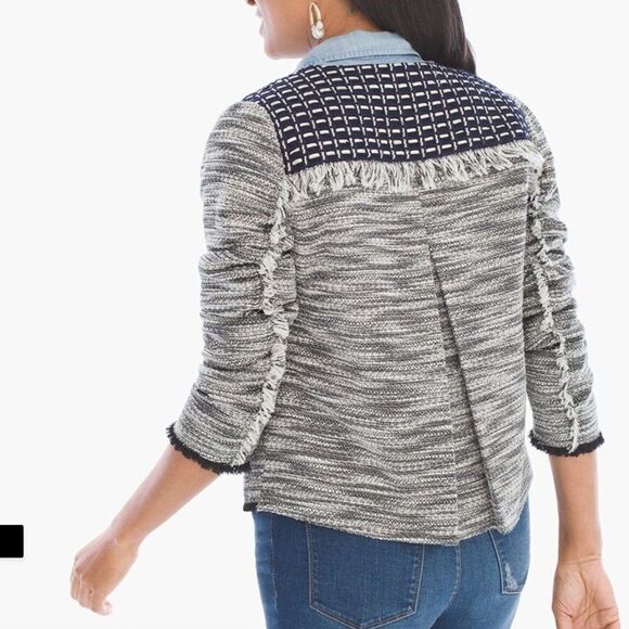 Chico’s Black White Blue Tweed Blazer Jacket Chico's 1 Medium 8/10 - Picture 2 of 16
